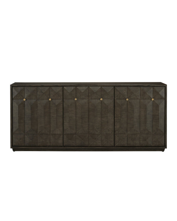 Currey & Company Kendall Sculptural Oak Credenza with Faceted Doors and Polished Brass Hardware 3000-0227