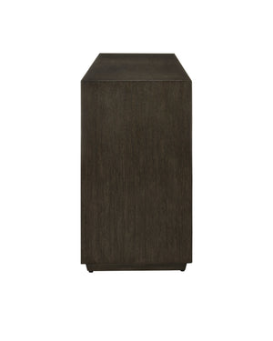 Currey & Company Kendall Sculptural Oak Credenza with Faceted Doors and Polished Brass Hardware 3000-0227