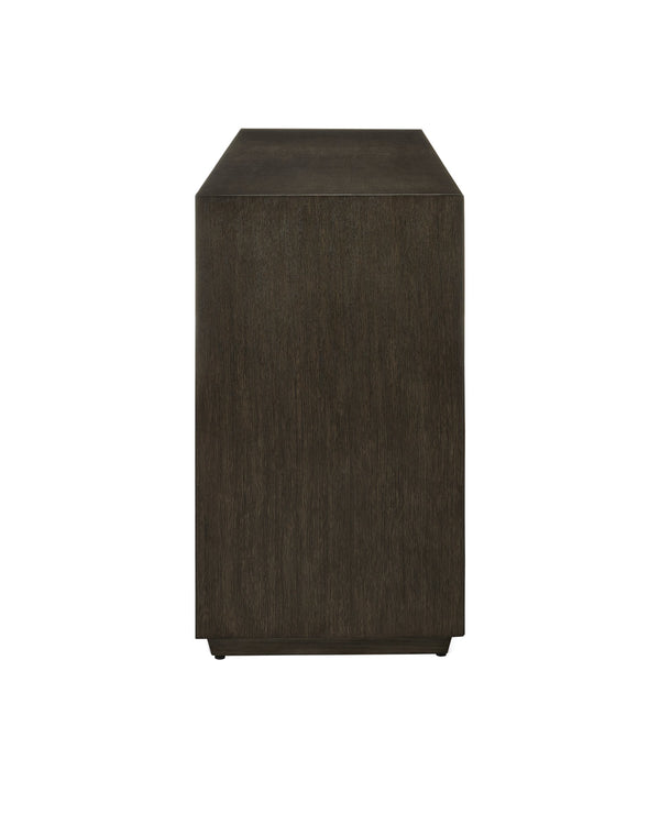 Currey & Company Kendall Sculptural Oak Credenza with Faceted Doors and Polished Brass Hardware 3000-0227