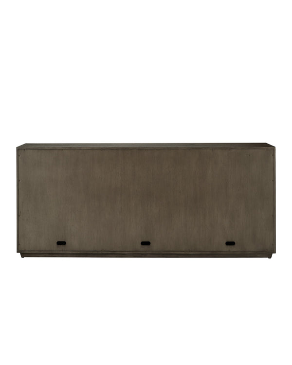 Currey & Company Kendall Sculptural Oak Credenza with Faceted Doors and Polished Brass Hardware 3000-0227