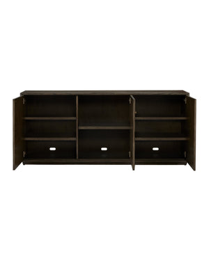 Currey & Company Kendall Sculptural Oak Credenza with Faceted Doors and Polished Brass Hardware 3000-0227