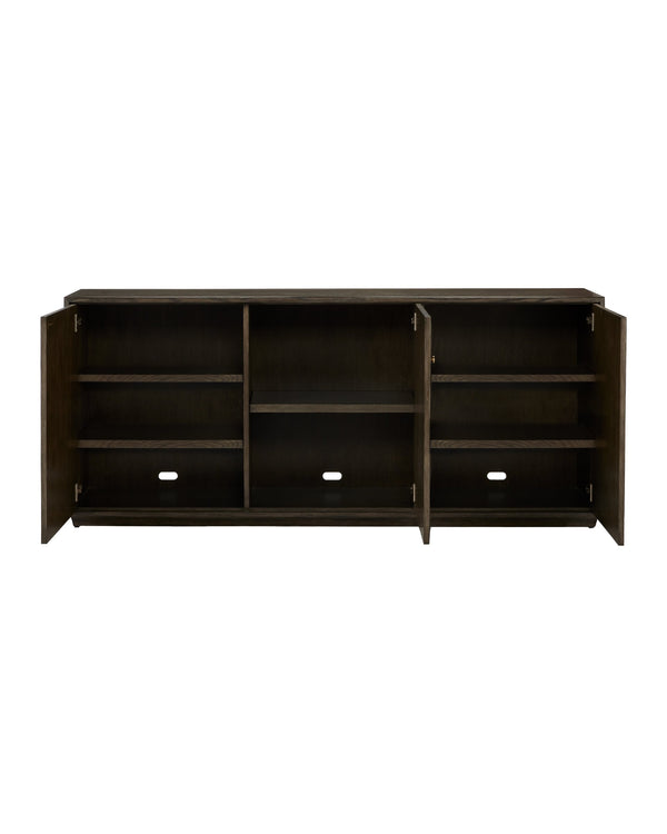 Currey & Company Kendall Sculptural Oak Credenza with Faceted Doors and Polished Brass Hardware 3000-0227