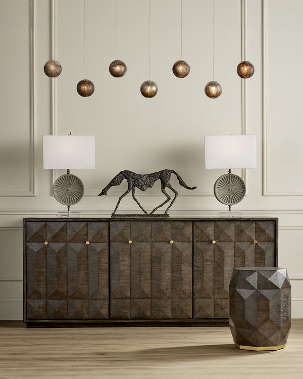 Currey & Company Kendall Sculptural Oak Credenza with Faceted Doors and Polished Brass Hardware 3000-0227