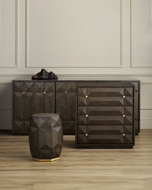 Currey & Company Kendall Sculptural Oak Credenza with Faceted Doors and Polished Brass Hardware 3000-0227
