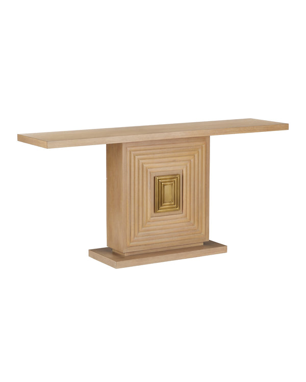 Currey & Company Morombe Hand-Carved Oak Console Table with Brass Medallion for Entryway Decor 3000-0310