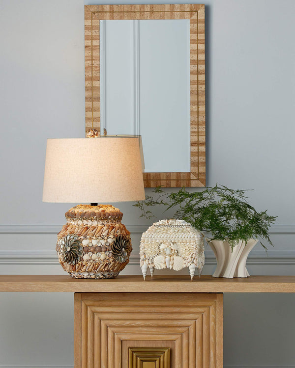 Currey & Company Morombe Hand-Carved Oak Console Table with Brass Medallion for Entryway Decor 3000-0310