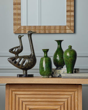 Currey & Company Morombe Hand-Carved Oak Console Table with Brass Medallion for Entryway Decor 3000-0310