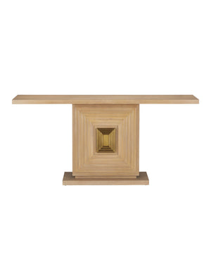 Currey & Company Morombe Hand-Carved Oak Console Table with Brass Medallion for Entryway Decor 3000-0310