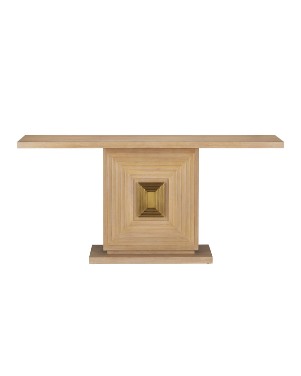 Currey & Company Morombe Hand-Carved Oak Console Table with Brass Medallion for Entryway Decor 3000-0310