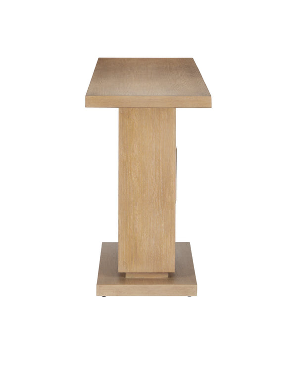 Currey & Company Morombe Hand-Carved Oak Console Table with Brass Medallion for Entryway Decor 3000-0310