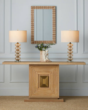 Currey & Company Morombe Hand-Carved Oak Console Table with Brass Medallion for Entryway Decor 3000-0310