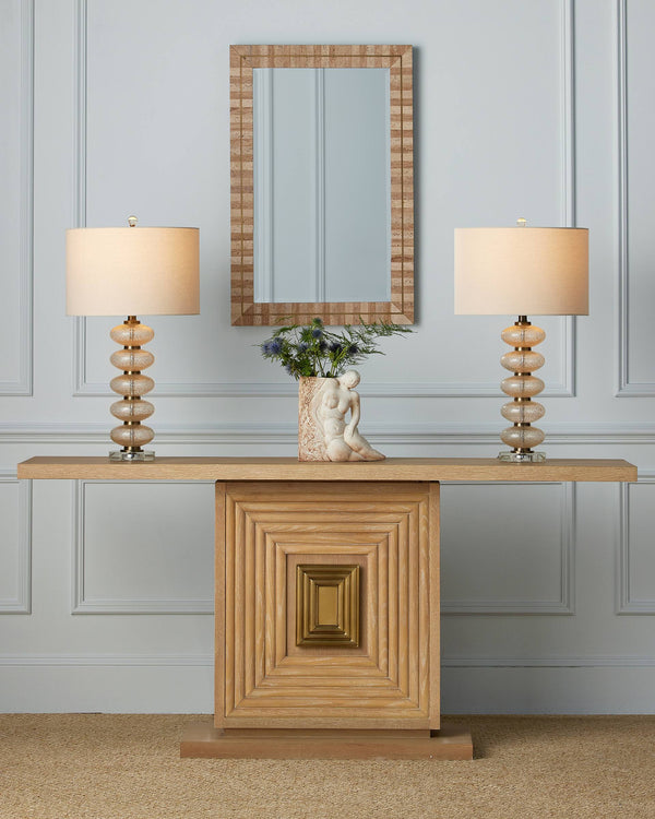 Currey & Company Morombe Hand-Carved Oak Console Table with Brass Medallion for Entryway Decor 3000-0310