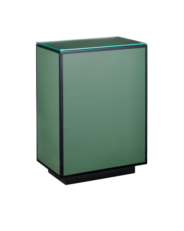 Currey & Company Green Lacquered Accent Table with Tempered Glass Top and Architectural Plinth Base Green 3000-0312