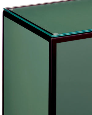 Currey & Company Green Lacquered Accent Table with Tempered Glass Top and Architectural Plinth Base Green 3000-0312