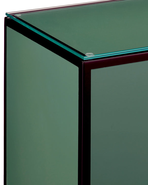 Currey & Company Green Lacquered Accent Table with Tempered Glass Top and Architectural Plinth Base Green 3000-0312