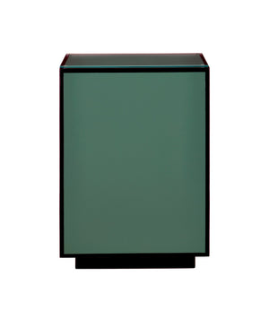 Currey & Company Green Lacquered Accent Table with Tempered Glass Top and Architectural Plinth Base Green 3000-0312