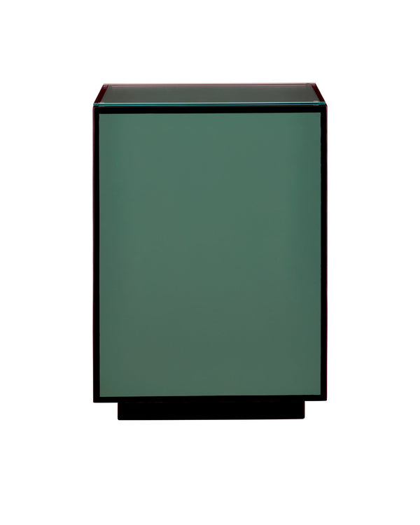 Currey & Company Green Lacquered Accent Table with Tempered Glass Top and Architectural Plinth Base Green 3000-0312