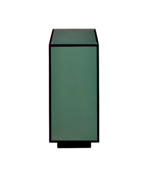 Currey & Company Green Lacquered Accent Table with Tempered Glass Top and Architectural Plinth Base Green 3000-0312