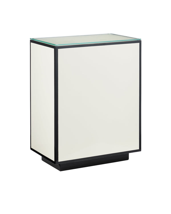 Currey & Company Green Lacquered Accent Table with Tempered Glass Top and Architectural Plinth Base Ivory 3000-0313