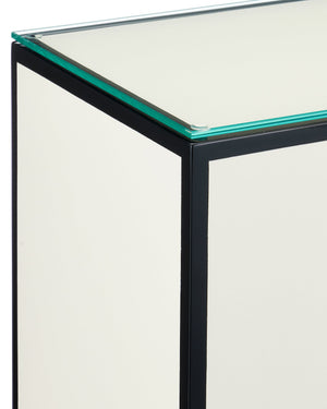 Currey & Company Green Lacquered Accent Table with Tempered Glass Top and Architectural Plinth Base Ivory 3000-0313