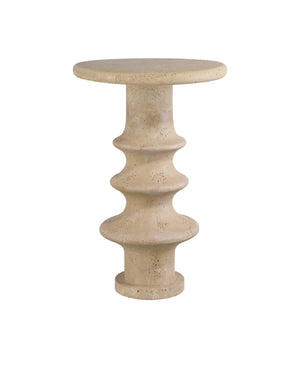 Currey & Company Rollins Faux Travertine Pedestal Accent Table Fluted Base Sculptural Round Top 3000-0321