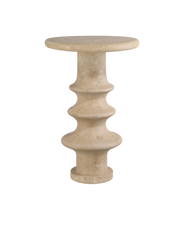 Currey & Company Rollins Faux Travertine Pedestal Accent Table Fluted Base Sculptural Round Top 3000-0321