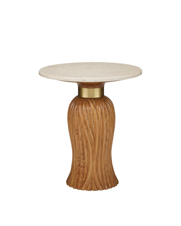 Currey & Company Tassel Carved Mindi Wood Round Marble Top Accent Table with Brushed Brass Detail 3000-0334