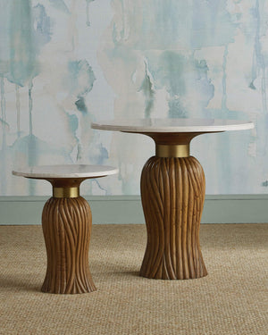 Currey & Company Tassel Carved Mindi Wood Round Marble Top Accent Table with Brushed Brass Detail 3000-0334