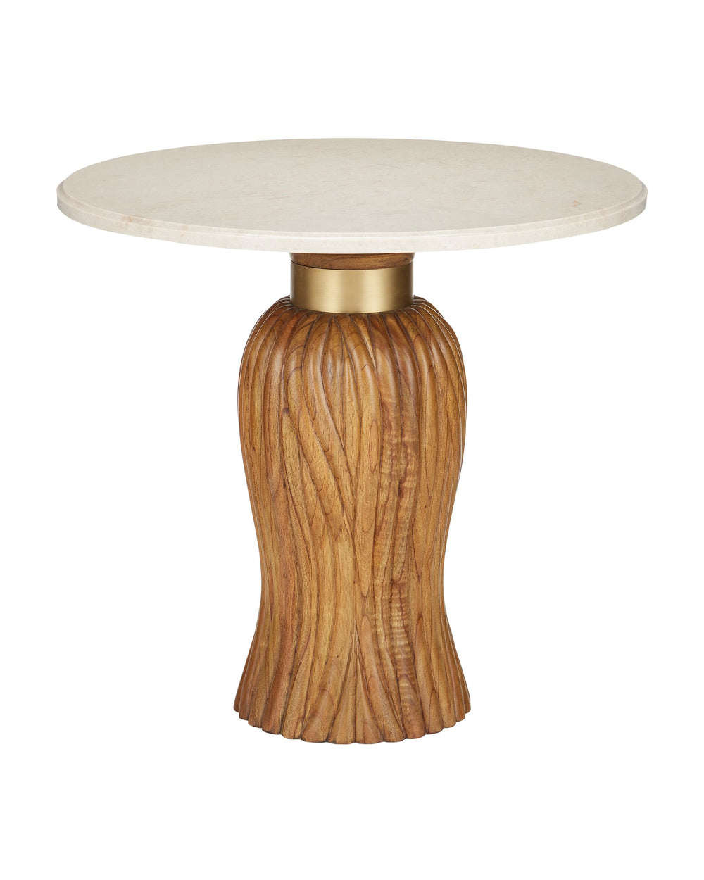 Currey & Company Tassel Round Marble Top Entry Table with Hand-Carved Mindi Wood Base Brushed Brass Accent 3000-0335