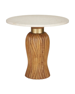 Currey & Company Tassel Round Marble Top Entry Table with Hand-Carved Mindi Wood Base Brushed Brass Accent 3000-0335