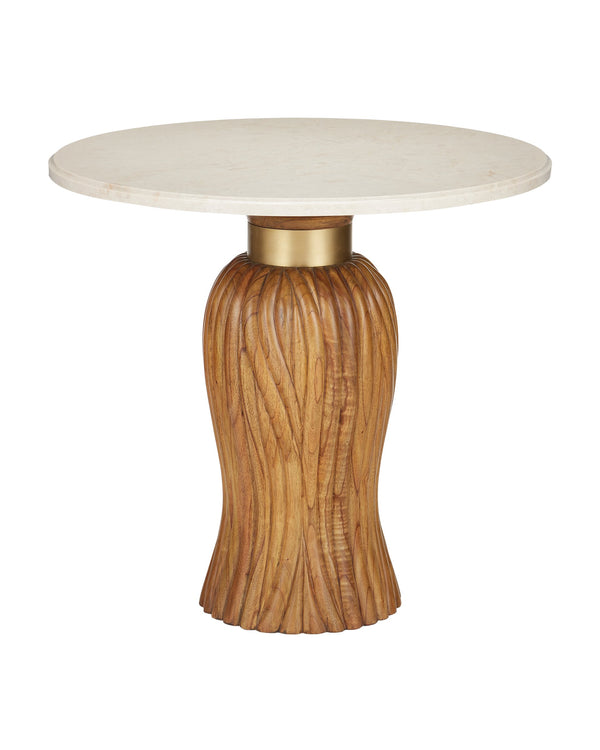Currey & Company Tassel Round Marble Top Entry Table with Hand-Carved Mindi Wood Base Brushed Brass Accent 3000-0335