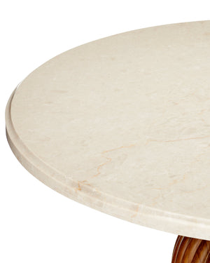 Currey & Company Tassel Round Marble Top Entry Table with Hand-Carved Mindi Wood Base Brushed Brass Accent 3000-0335