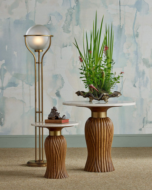 Currey & Company Tassel Round Marble Top Entry Table with Hand-Carved Mindi Wood Base Brushed Brass Accent 3000-0335