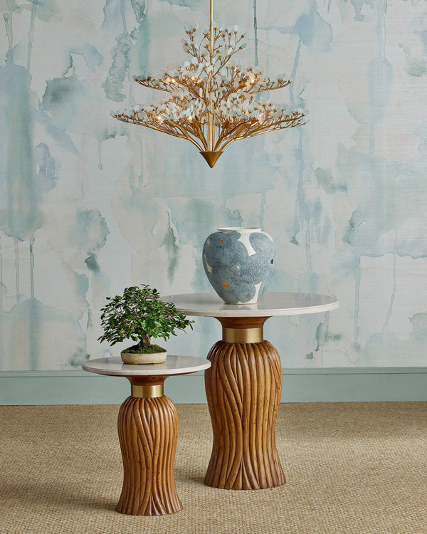 Currey & Company Tassel Round Marble Top Entry Table with Hand-Carved Mindi Wood Base Brushed Brass Accent 3000-0335