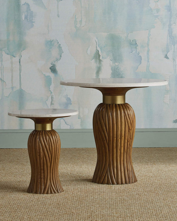 Currey & Company Tassel Round Marble Top Entry Table with Hand-Carved Mindi Wood Base Brushed Brass Accent 3000-0335