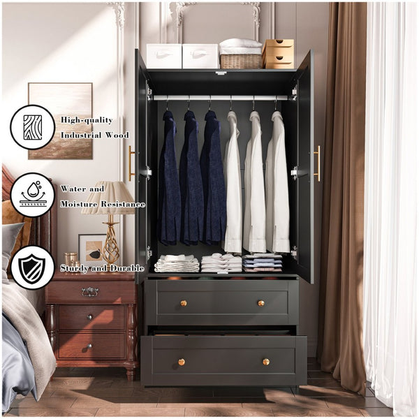 English Elm Shaker Two Door Wardrobe Armoire with Hanging Rod Drawers and Bedroom Storage T3210P477663