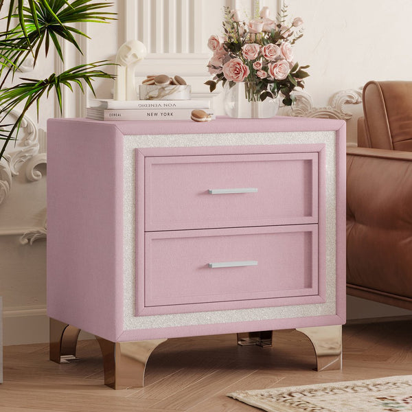 English Elm Mid Century Nightstand Velvet 2-Drawer Bedside Table with Metal Legs, Retro Space-Saving Storage and Durable Finish Pink 23.5 L x 19 W x 17 H N733P183659H