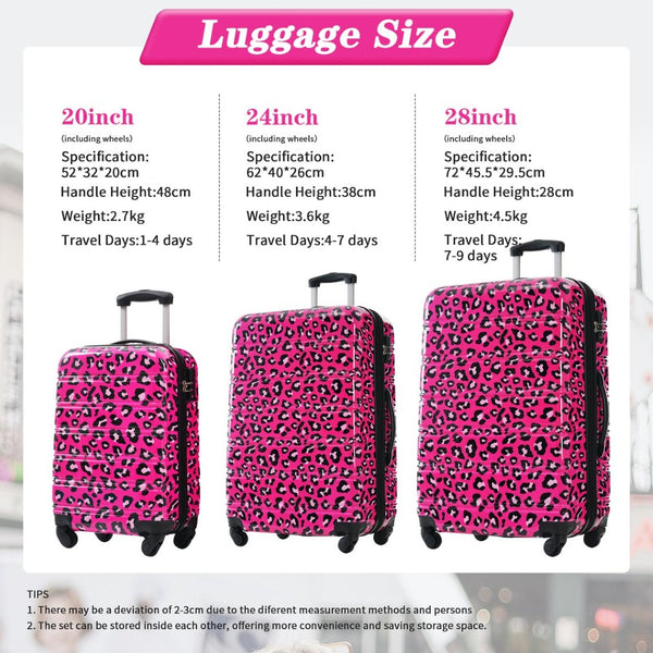 English Elm Hardshell Polycarbonate Luggage Set Three Piece Spinner Suitcases with Tsa Lock Hot Pink Leopard N732P218227H