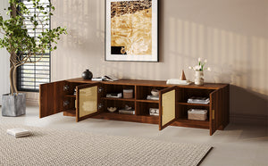 English Elm 78" TV Stand for TVs up to 85" — Walnut Media Console with Rattan Doors, Fluted Fronts & Adjustable Shelves N710P362196P