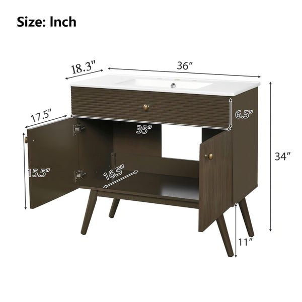 English Elm 36" Freestanding Bathroom Vanity Striped Mdf Cabinet Brass Hardware Ceramic Basin N765P387198D