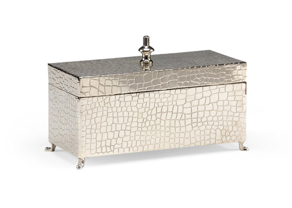 Wildwood Footed Brass Jewelry Box With Hide Detail And Nickel-Plated Finish — Handcrafted, Footed Accent Box 300390