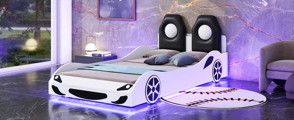English Elm Wood Twin Race Car Platform Bed with LED Lighting, Upholstered Headrest, Sturdy Pine Build White GX002218AAK