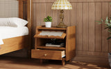 English Elm Wooden Nightstand With Rattan-Woven Storage Cabinet and 1 Drawer, Exquisite Elegance With Natural Storage Solutions For Bedroom, Walnut