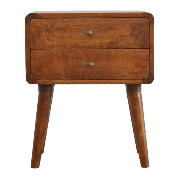 English Elm Solid Solid Wood Curved Chestnut Nightstand with 2 Drawers, Mango Wood, Nordic Legs, Compact Style B182P280808