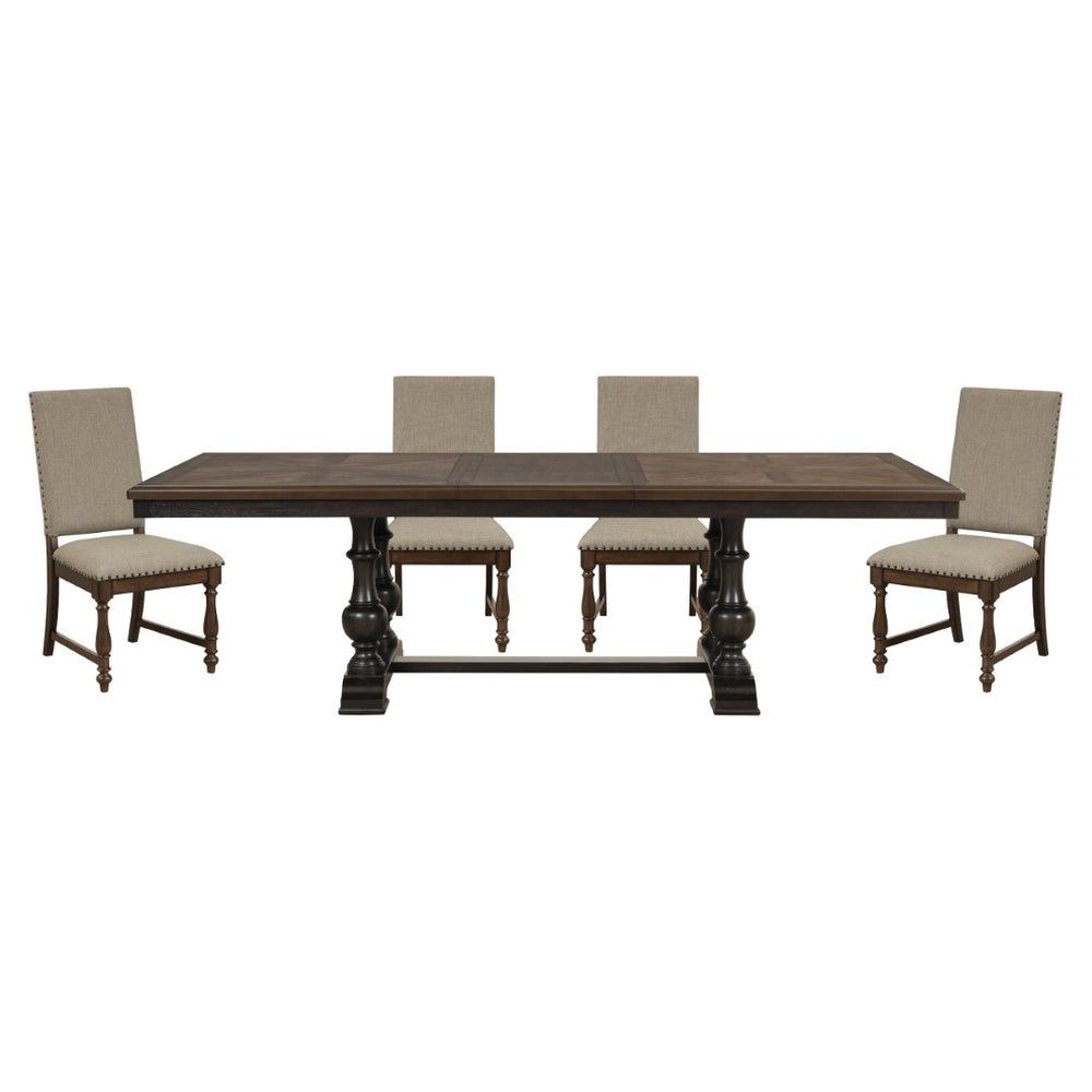English Elm Traditional Trestle Dining Set Oak Walnut Veneer Table Four Nailhead Upholstered Chairs B011S00923