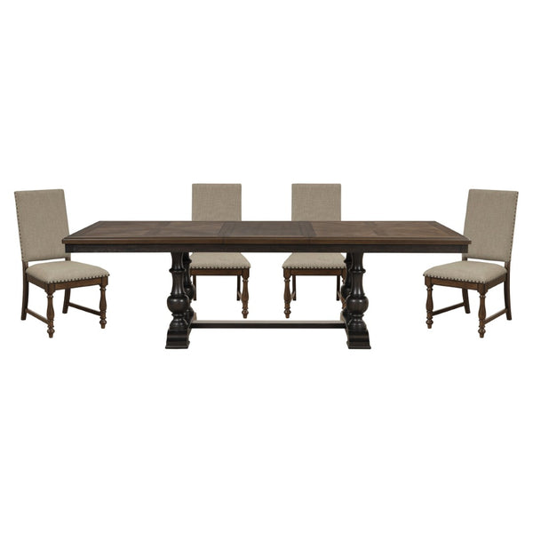 English Elm Traditional Trestle Dining Set Oak Walnut Veneer Table Four Nailhead Upholstered Chairs B011S00923