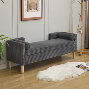 English Elm 65.35"wide Corduroy Storage Bench Ottoman with Bolster Pillows and Rubberwood Legs W3118P410501