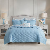 Madison Park Pema Transitional 8 Piece Printed Seersucker Comforter and Quilt Set Collection MP10-7677 Blue