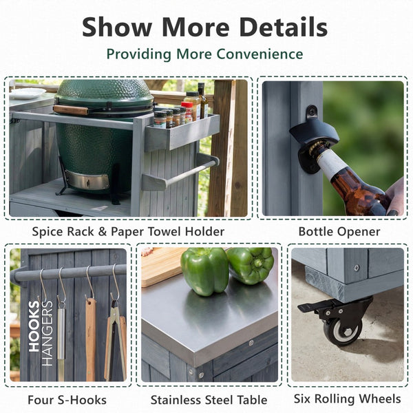 English Elm K&k 80.5 Inch Outdoor Kitchen Island Solid Fir Wood Stainless Steel Grill Cart Station Grey+Blue N707P392140G