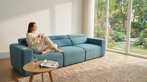 English Elm Power Reclining Sofa with Bluetooth Speakers Wireless Charging and Smart Home Theater Seating Blue W3795S00009